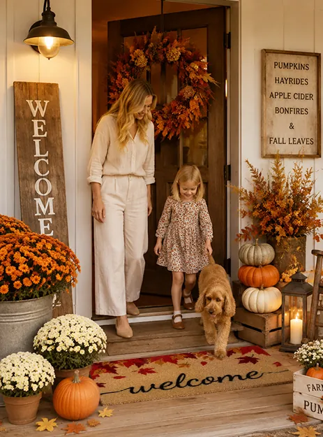 A family welcoming autumn on a cozy porch with pumpkins and golden retrievers