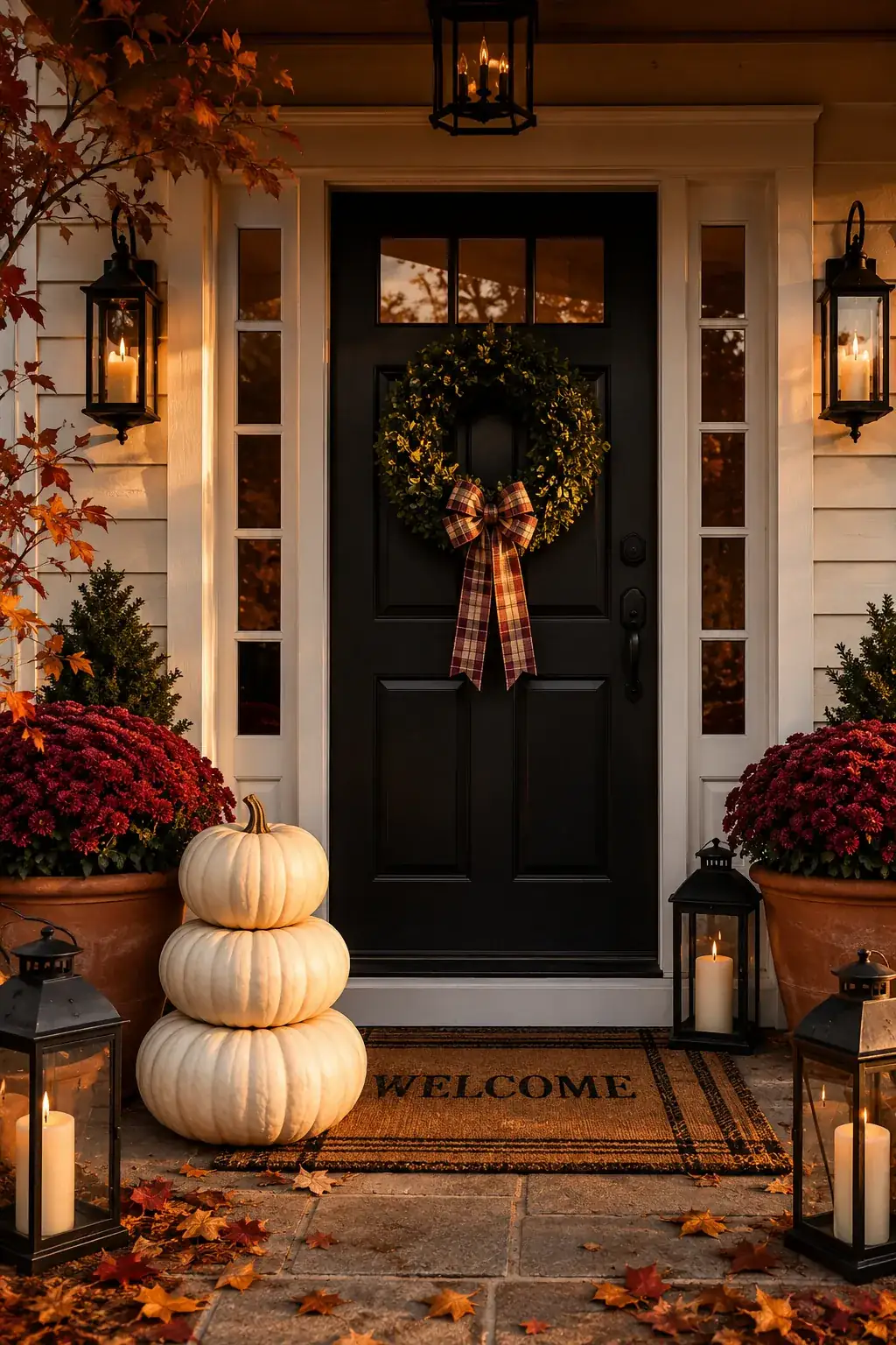 Cozy autumn doorway with stacked white pumpkins and a natural welcome mat