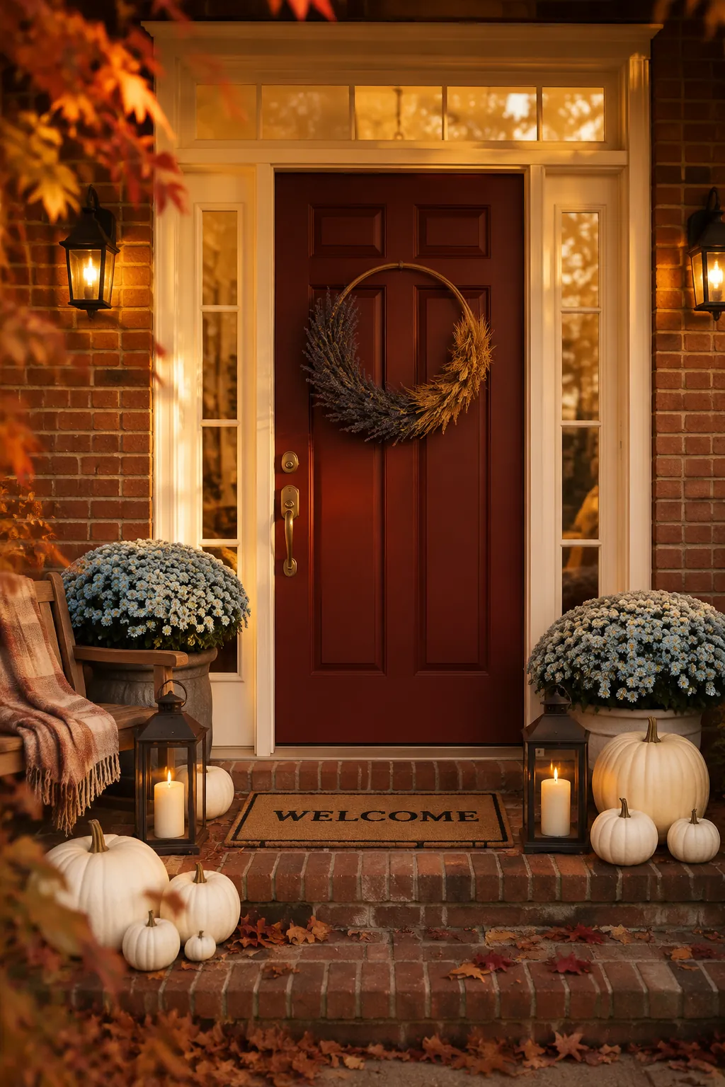 Warm front porch with wreath, lanterns, and a layered welcome mat in autumn light
