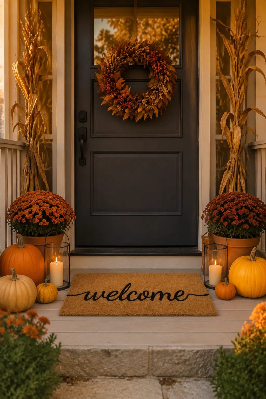 Front door with a rust-toned wreath, dried cornstalks, and pumpkins flanking a welcome mat