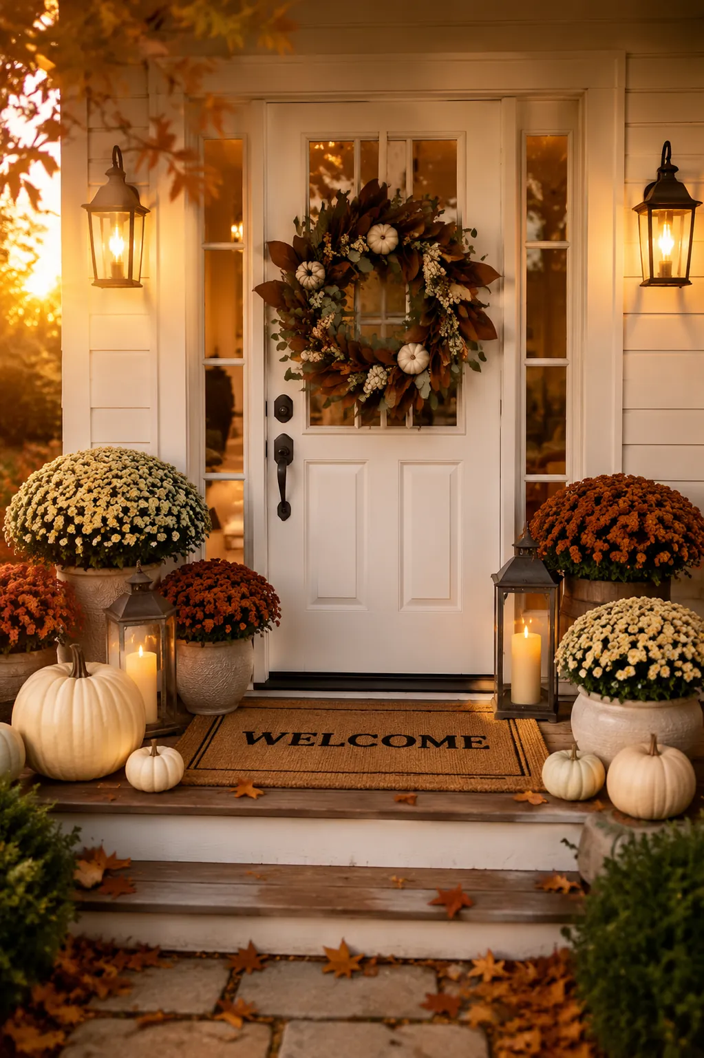 White front door framed by a leafy magnolia wreath, mums, lanterns, and pumpkins on a doormat