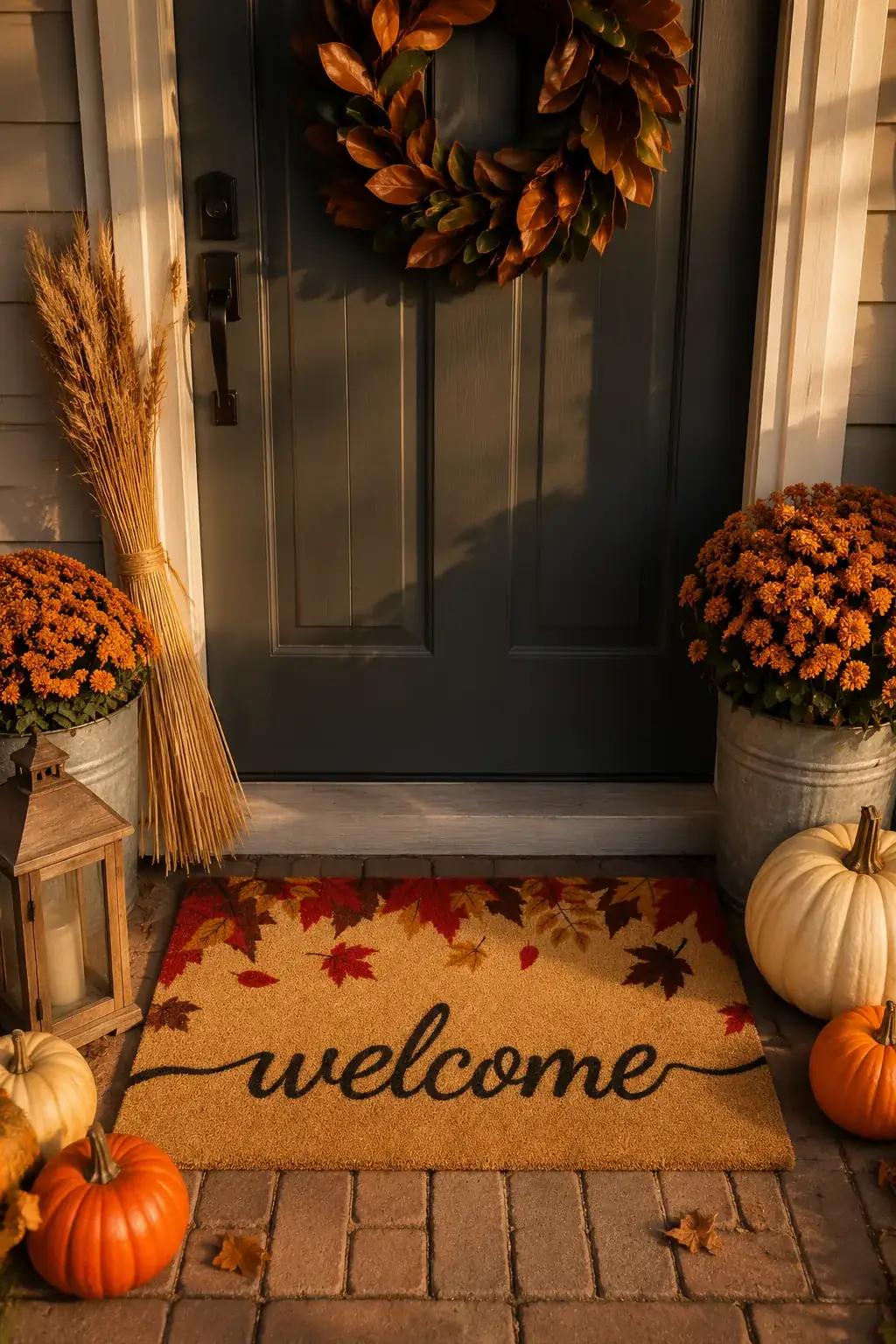 Olive-green door with magnolia wreath, hay bundles, mums, and a leaf-patterned welcome mat