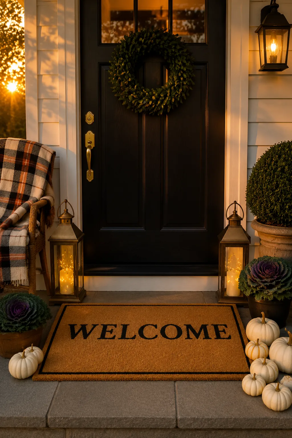 Tuxedo-black door with green wreath, plaid throw, lanterns, and small white pumpkins at the entry