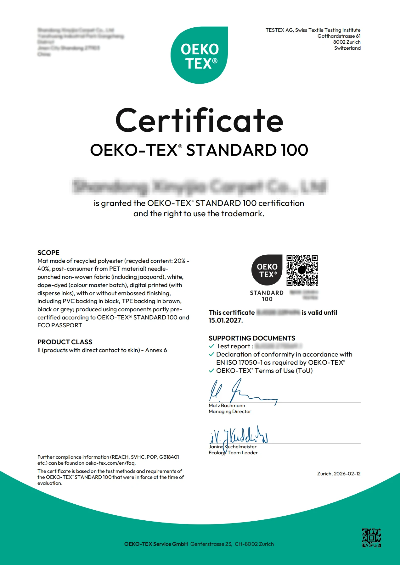 OEKO-TEX Standard 100 certificate issued by TESTEX AG, Zurich — Class II (skin contact) — valid through 15 January 2027. Recipient company name on the title, certificate ID and test report number have been redacted for trade protection.