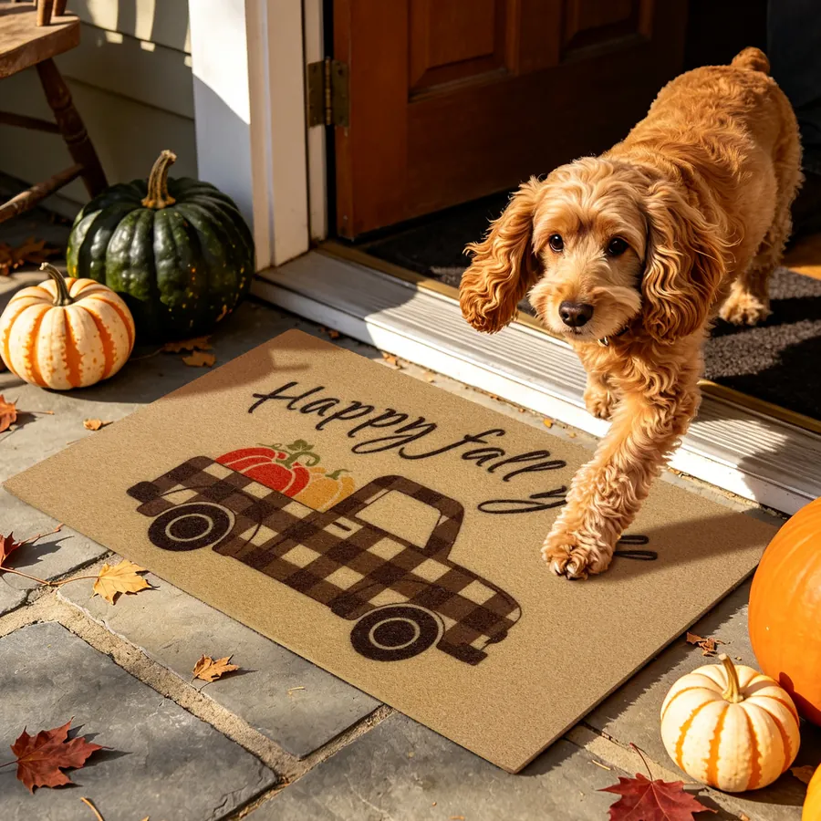 Black Truck doormat — with a pet at the door