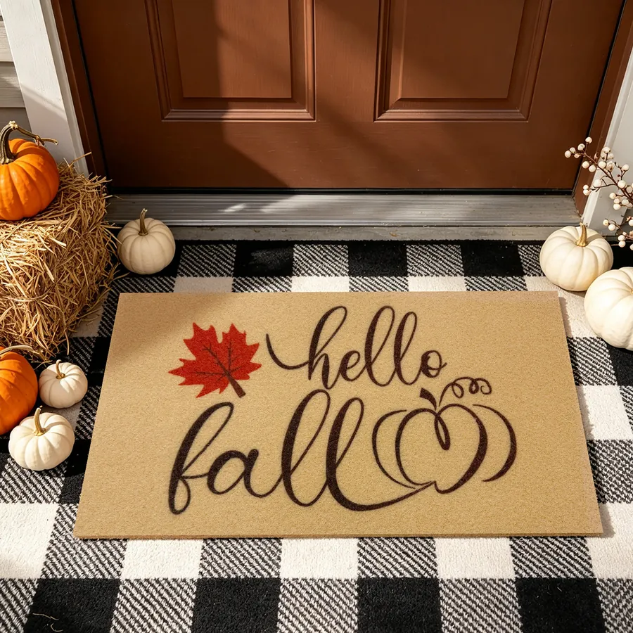 Hello Fall Leaf doormat — with the non-slip rubber backing