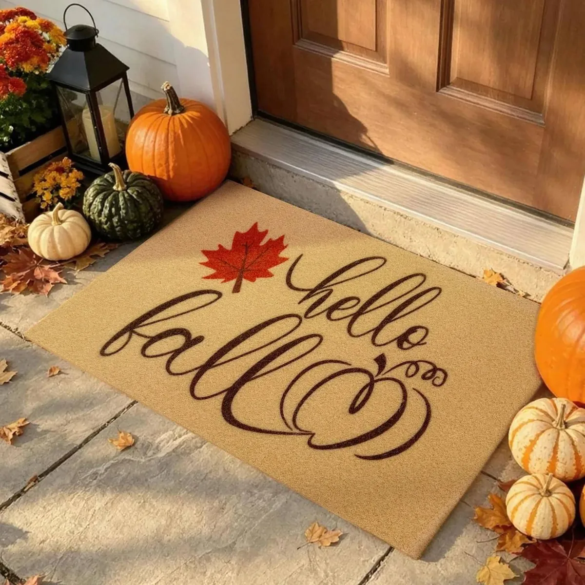 Hello Fall Leaves doormat — scattered autumn leaves greeting