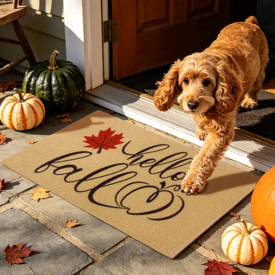 Hello Fall Leaf doormat — with a pet at the door