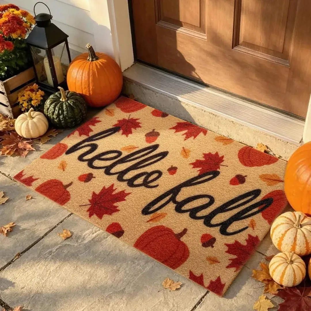 Hello Fall Pumpkin doormat — warm pumpkin print, non-slip