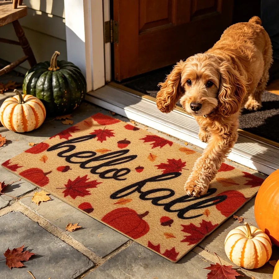 Hello Fall Pumpkin doormat — with a pet at the door