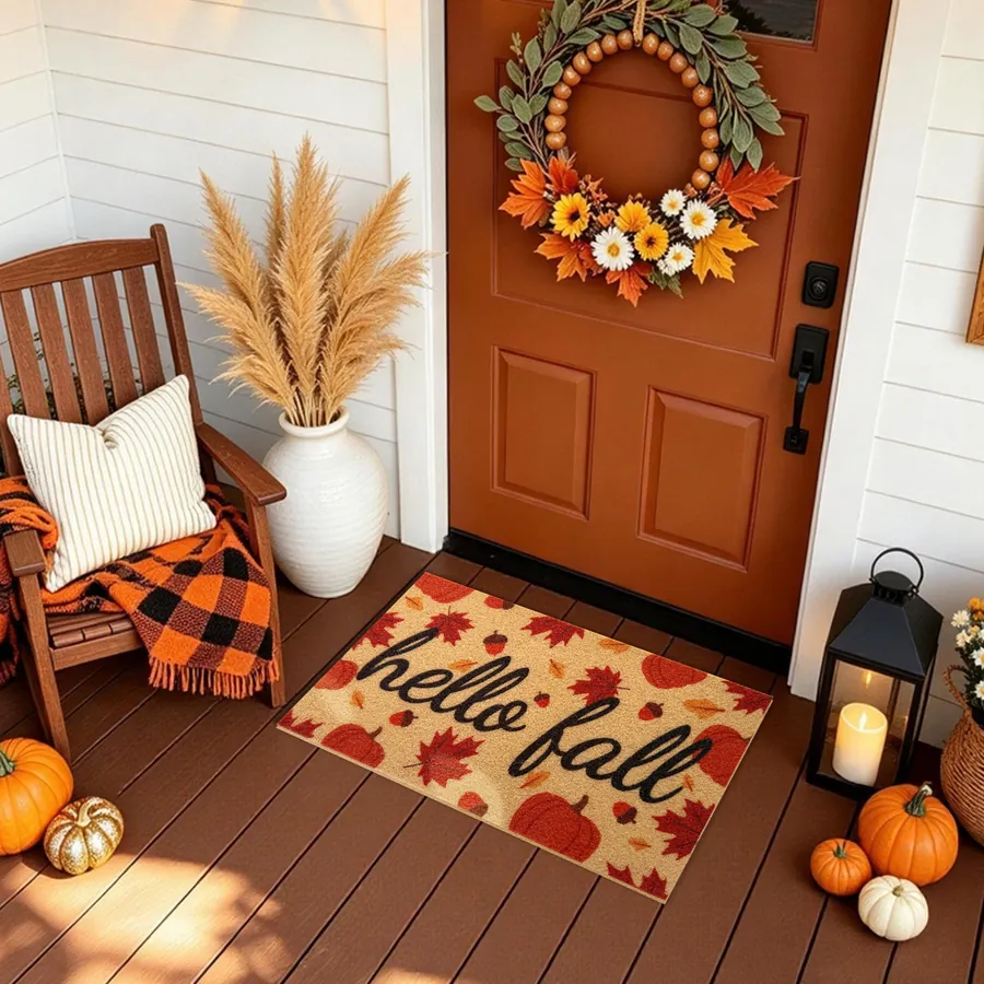Hello Fall Pumpkin doormat — in a cozy seasonal welcome