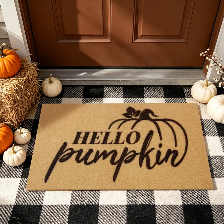 Hello Pumpkin doormat — with the non-slip rubber backing