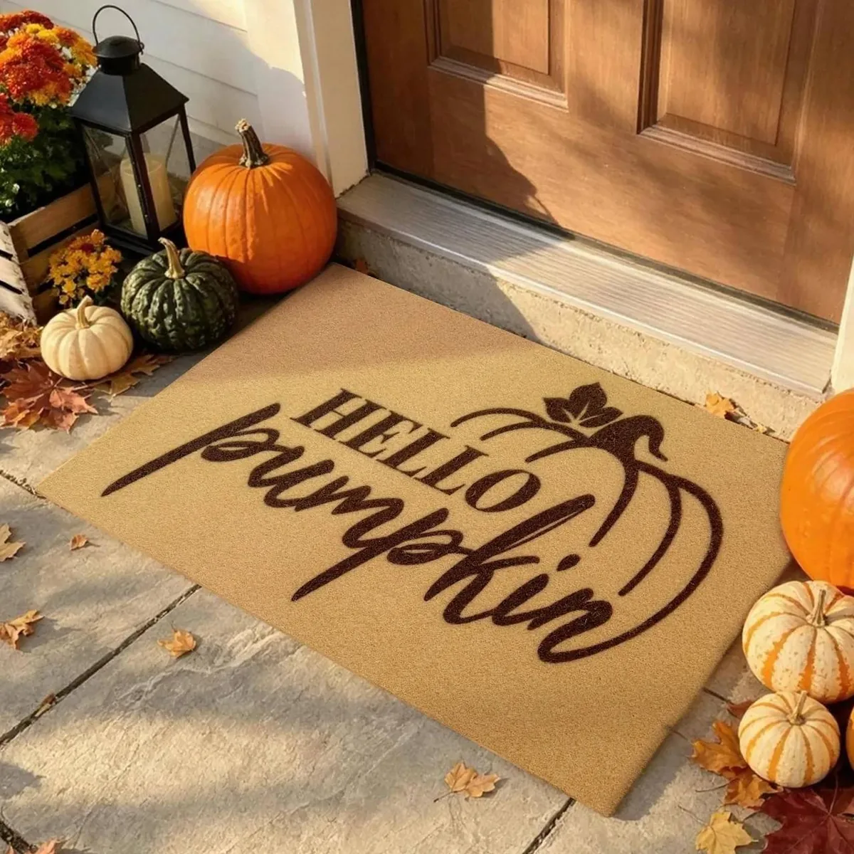 Hello Pumpkin doormat — classic warm autumn greeting