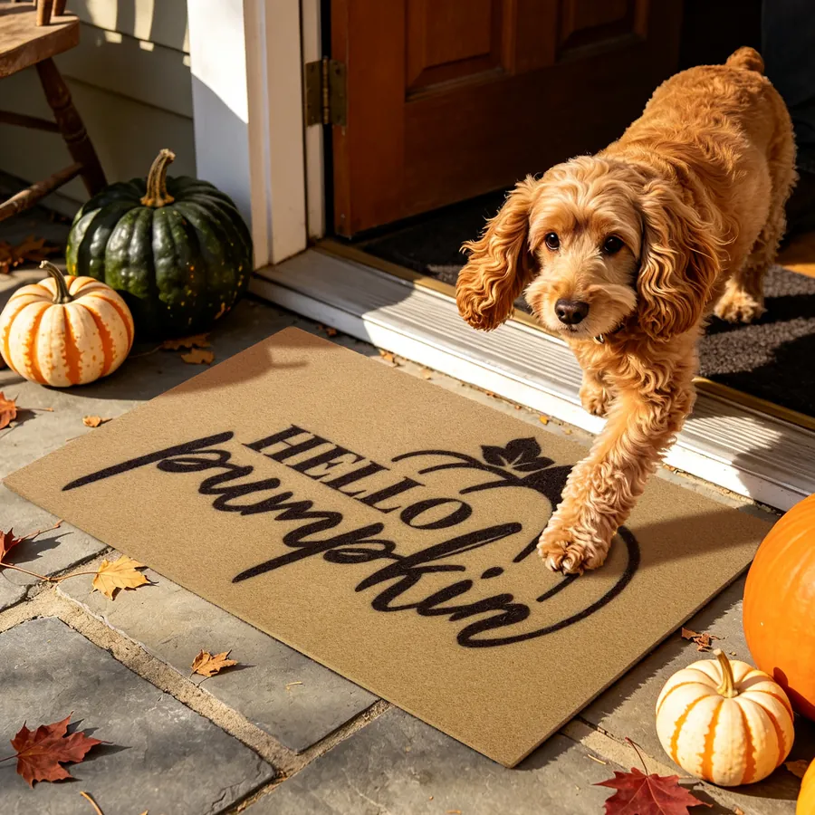 Hello Pumpkin doormat — with a pet at the door