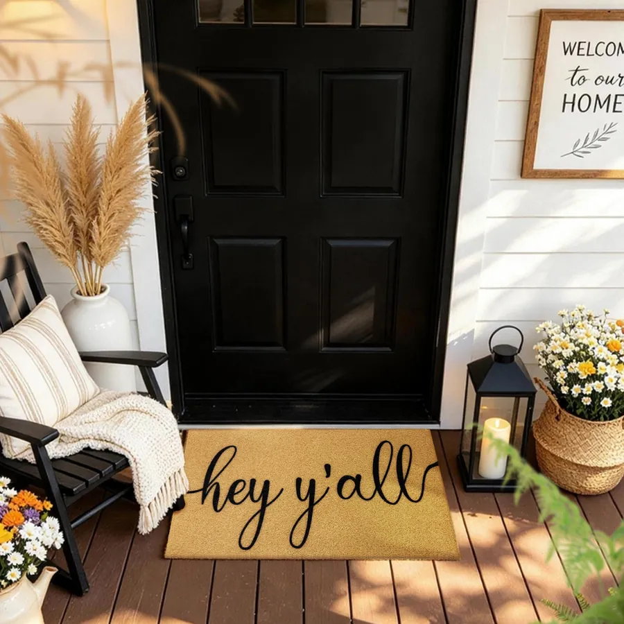 Hey Y’all doormat — in a cozy seasonal welcome