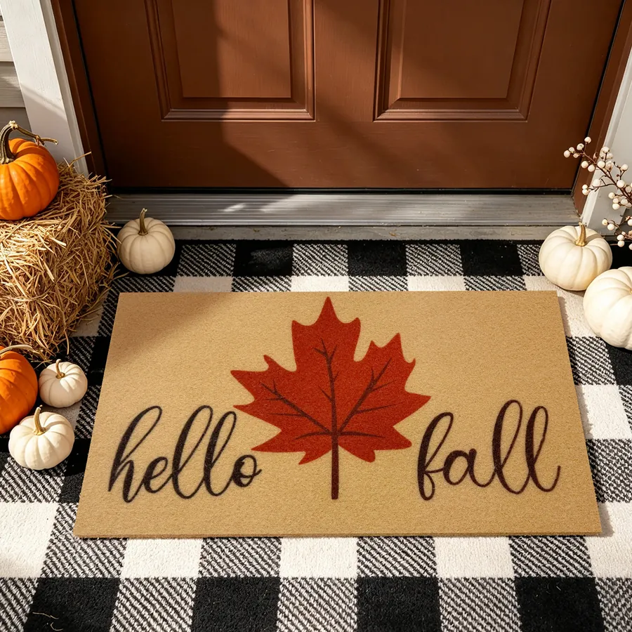Hello Fall Maple Leaf doormat — with the non-slip rubber backing