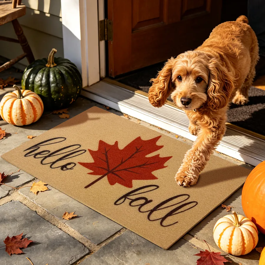Hello Fall Maple Leaf doormat — with a pet at the door