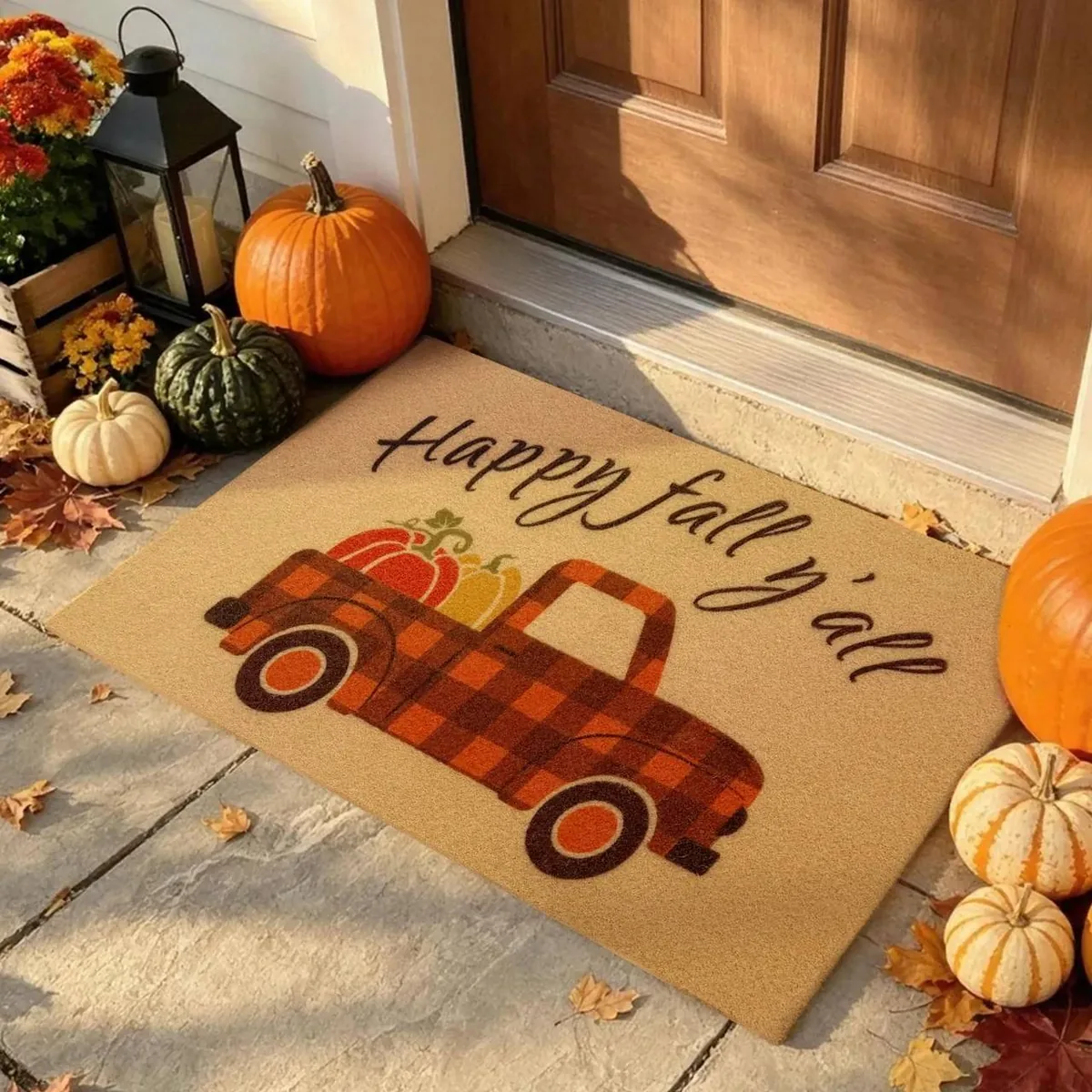 Orange Truck doormat — vintage pumpkin truck, autumn porch