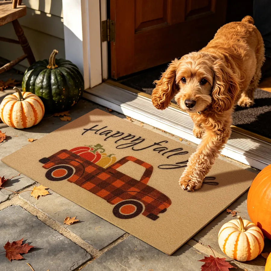 Orange Truck doormat — with a pet at the door
