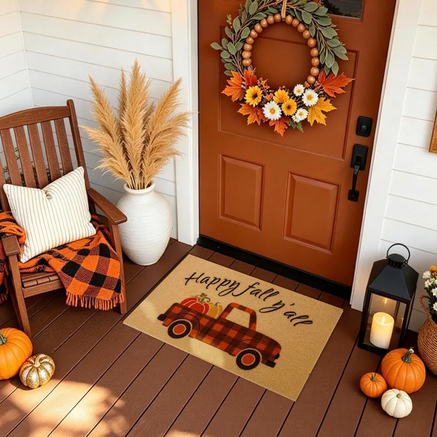 Orange Truck doormat — in a cozy seasonal welcome