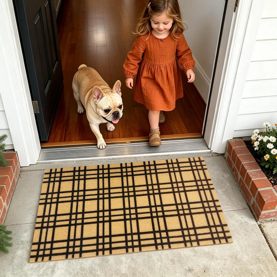 Striped doormat — with a pet at the door