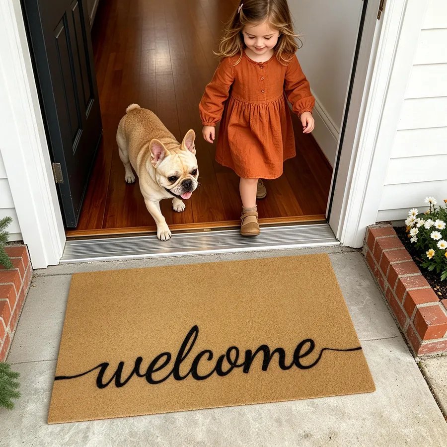 Welcome B doormat — with a pet at the door