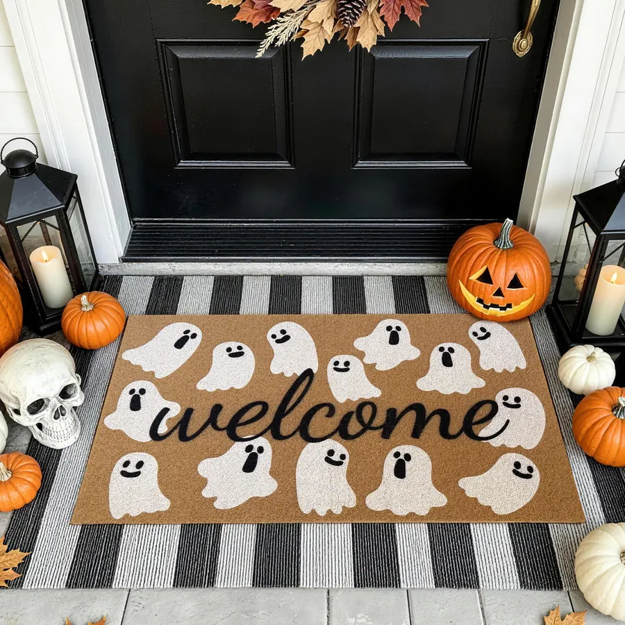 Welcome Ghost doormat — with the non-slip rubber backing