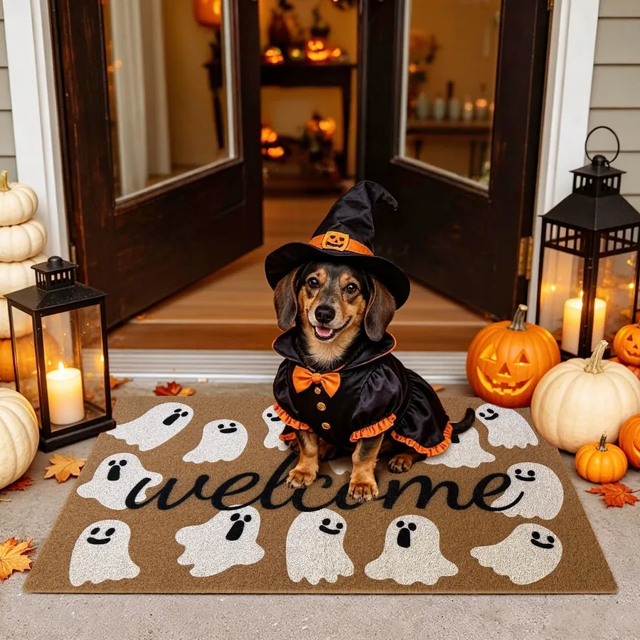 Welcome Ghost doormat — with a pet at the door