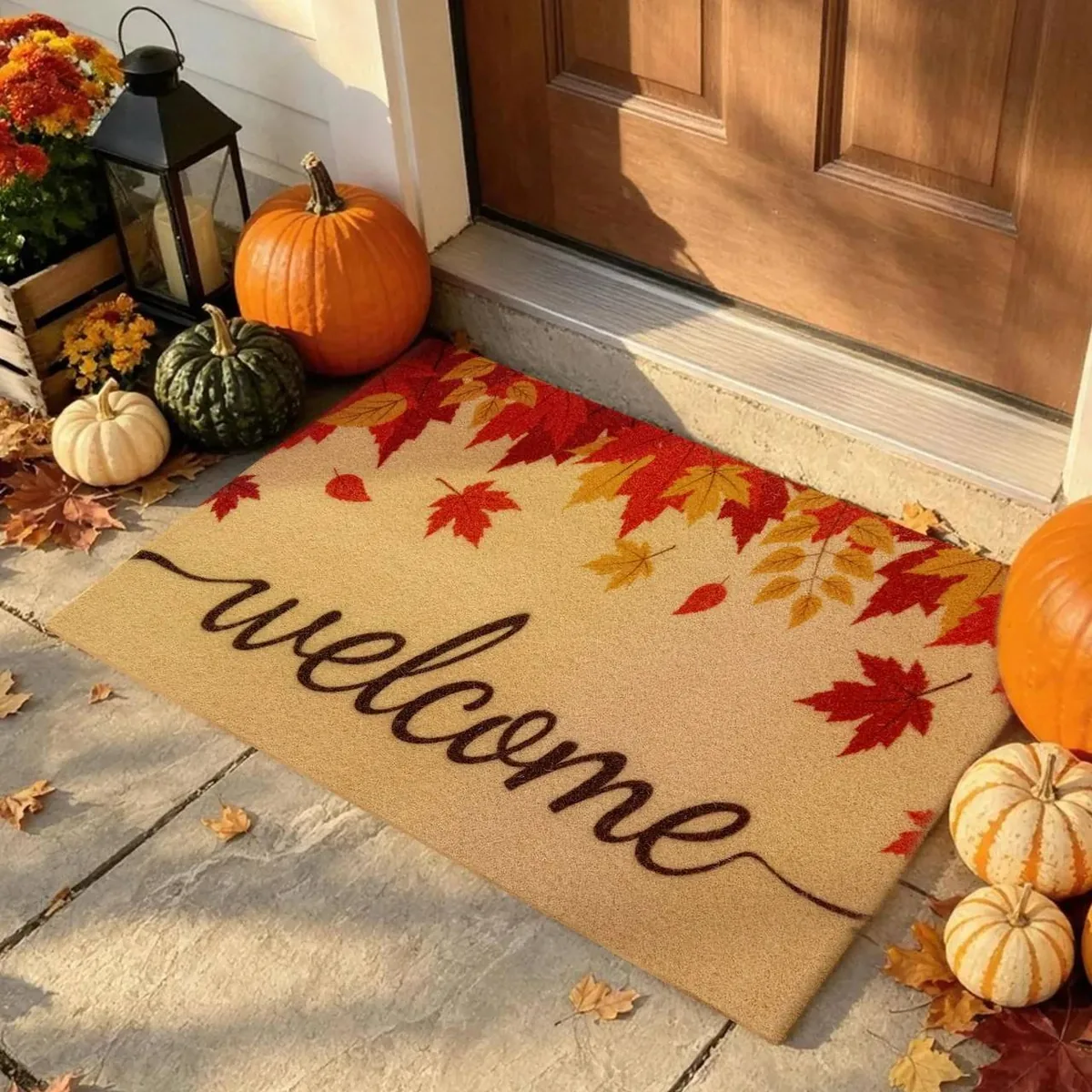 Welcome Maple Leaves doormat — vibrant autumn maple print, non-slip