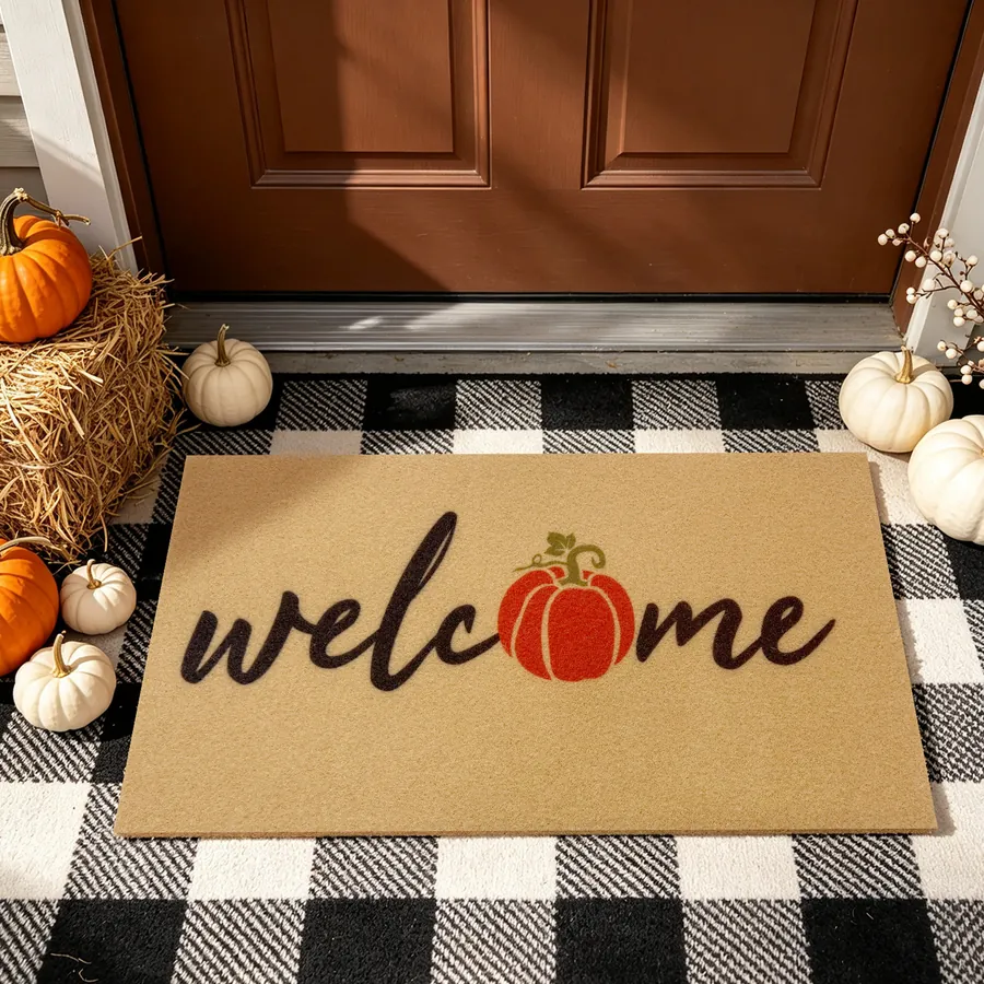 Welcome Pumpkin doormat — with the non-slip rubber backing