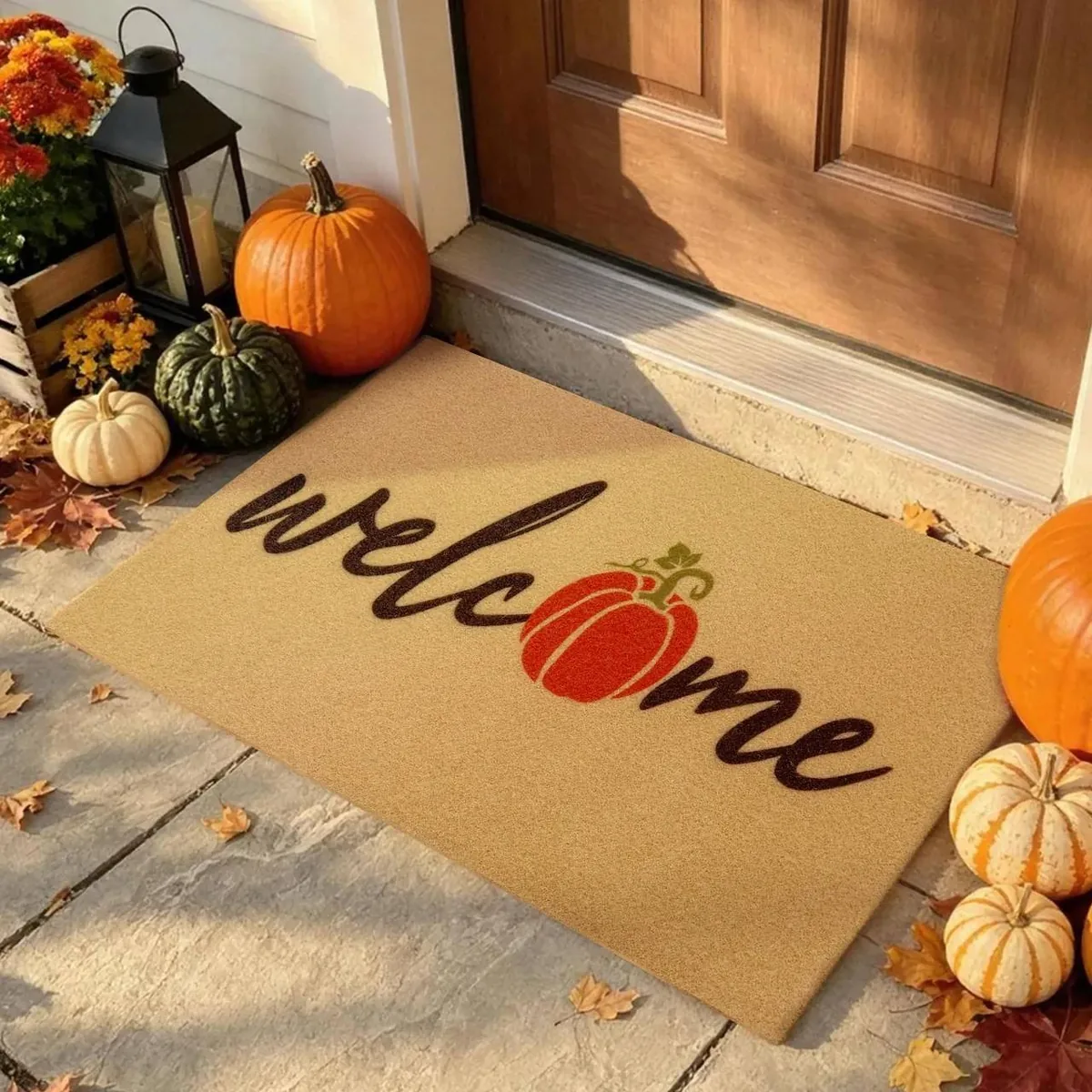 Welcome Pumpkin doormat — single detailed pumpkin centerpiece