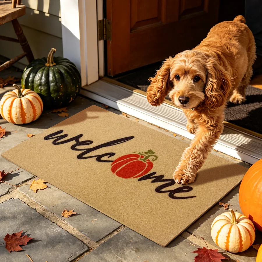 Welcome Pumpkin doormat — with a pet at the door