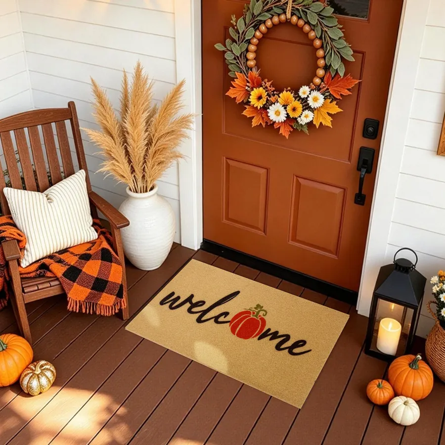 Welcome Pumpkin doormat — in a cozy seasonal welcome