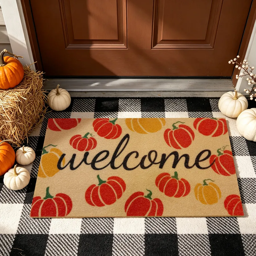 Welcome Pumpkins doormat — with the non-slip rubber backing