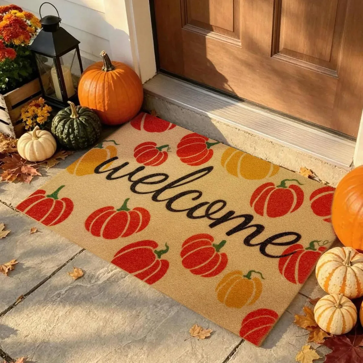 Welcome Pumpkins doormat — three-pumpkin welcome