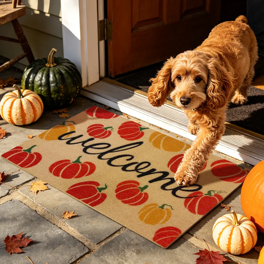 Welcome Pumpkins doormat — with a pet at the door