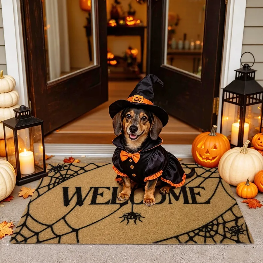 Welcome Spider doormat — with a pet at the door